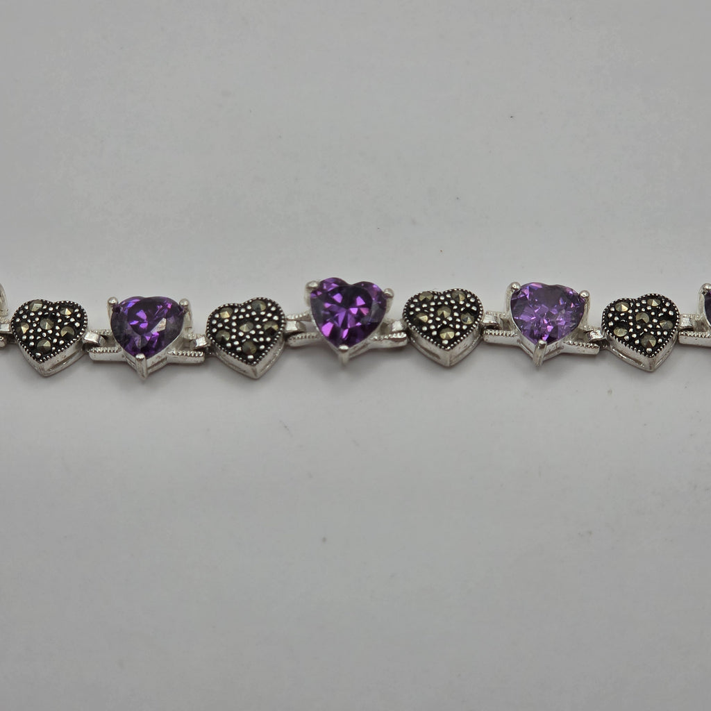 Sterling Silver 925 Purple CZ & Marcasite Heart Tennis Bracelet 7" 18.08g