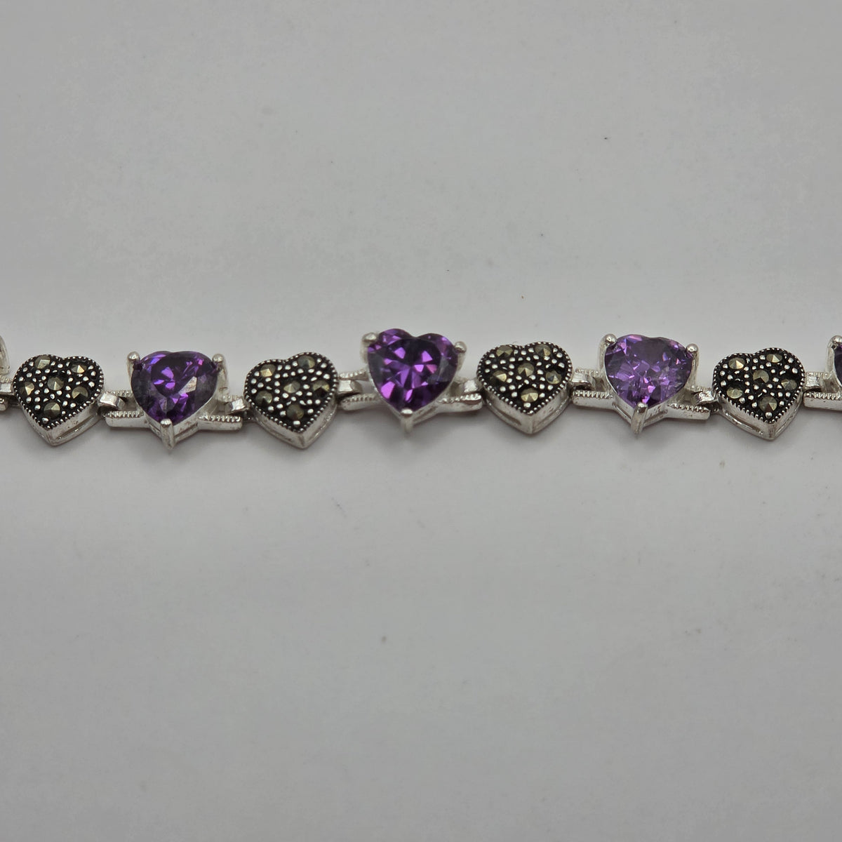 Sterling Silver 925 Purple CZ & Marcasite Heart Tennis Bracelet 7" 18.08g