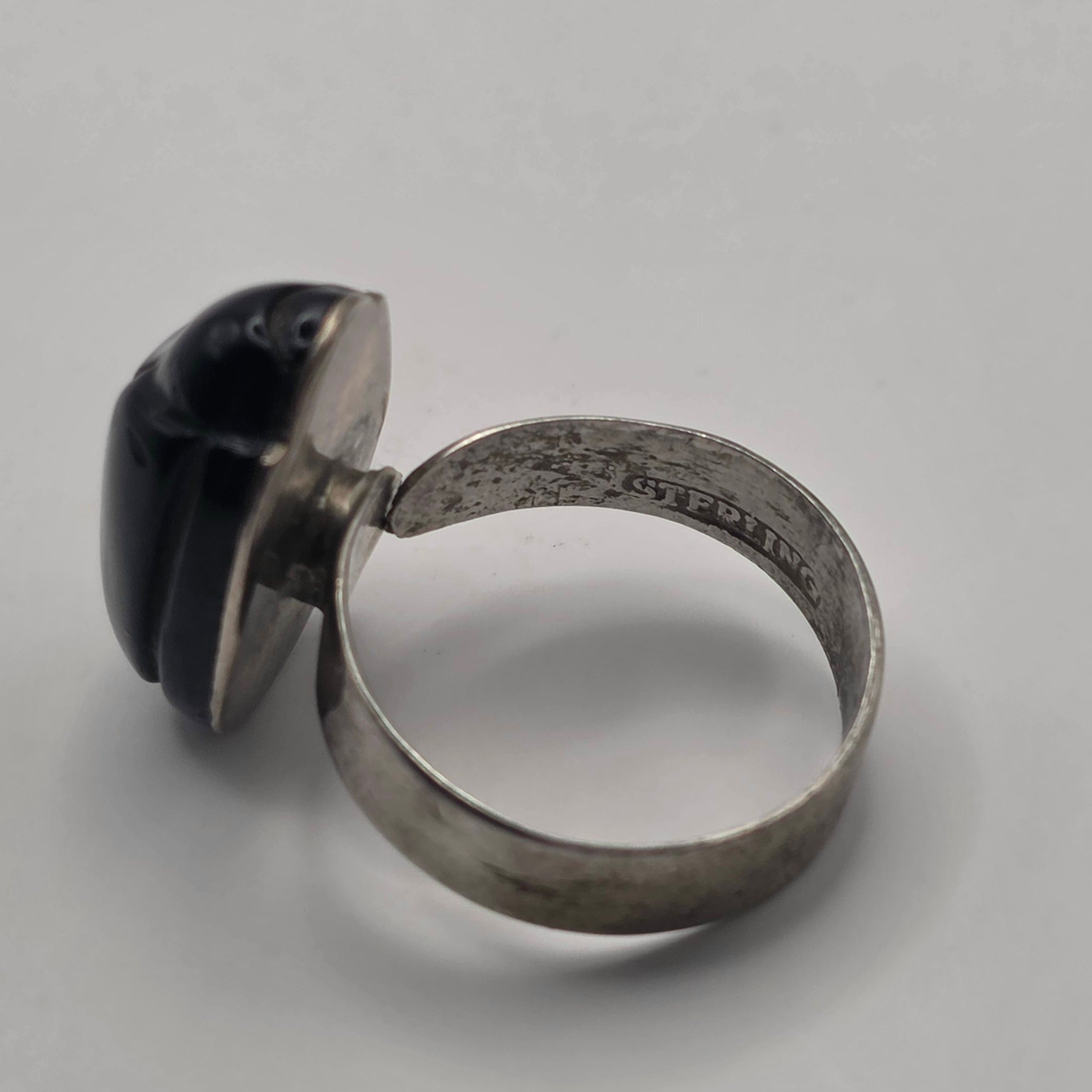 Carved Onyx Scarab Beetle Ring 925 Sterling Silver