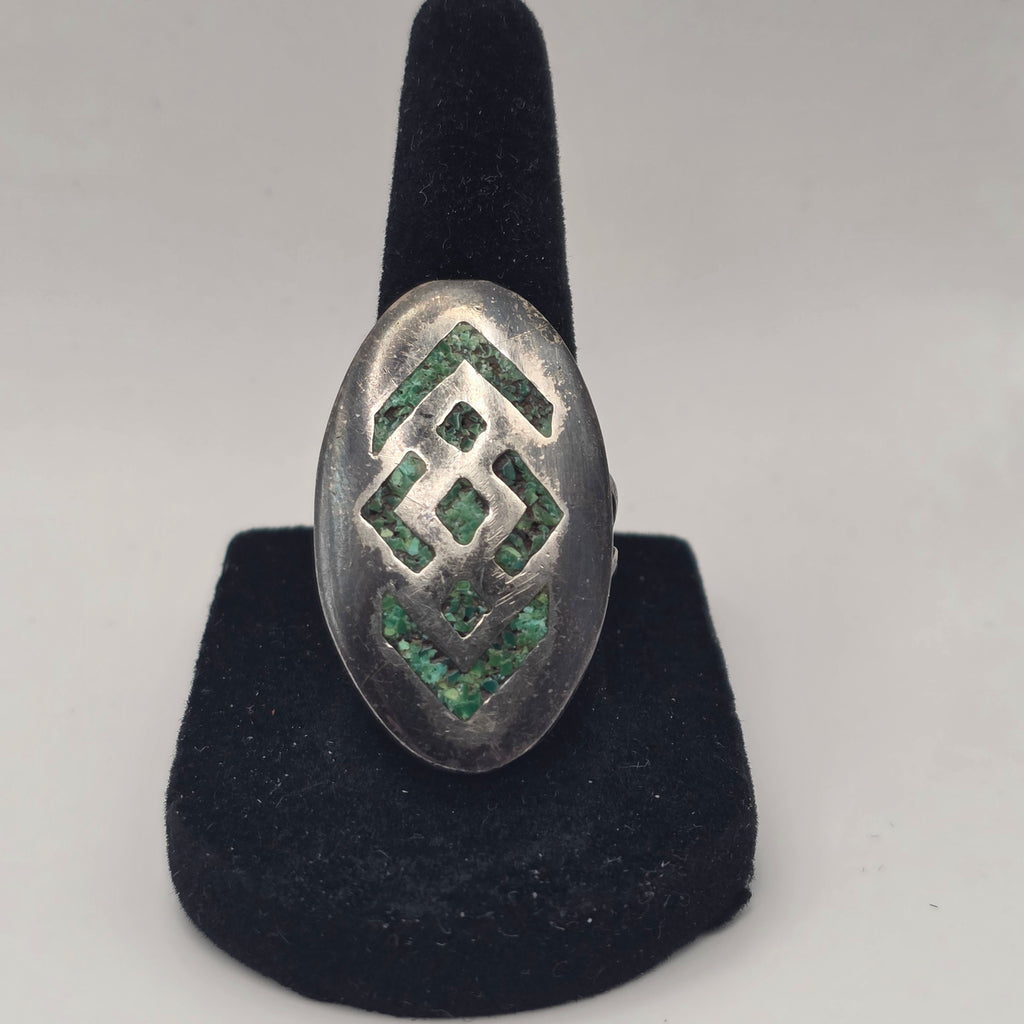 Vintage 925 Sterling Silver Green Turquoise Mosaic Inlay Ring Size 7.5