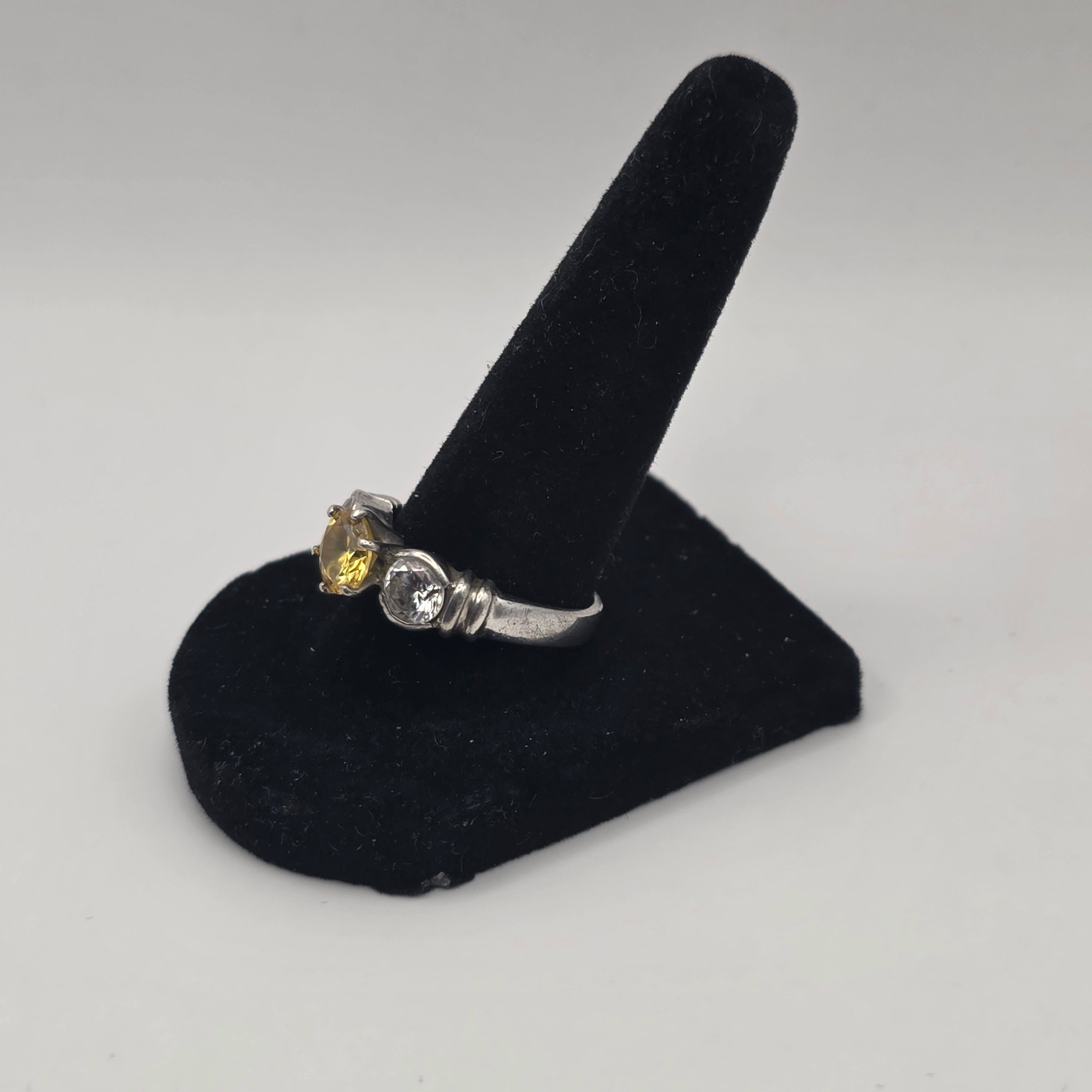 925 Sterling Silver Canary Yellow CZ Three Stone Trilogy Ring Size 9 4.62g