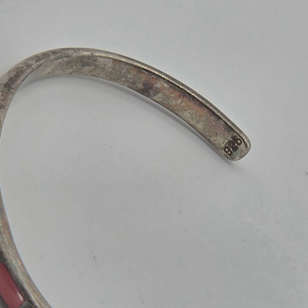 925 Sterling Silver Red Coral Inlay Cuff Bracelet 7" 12.23g Southwestern 4.5mm