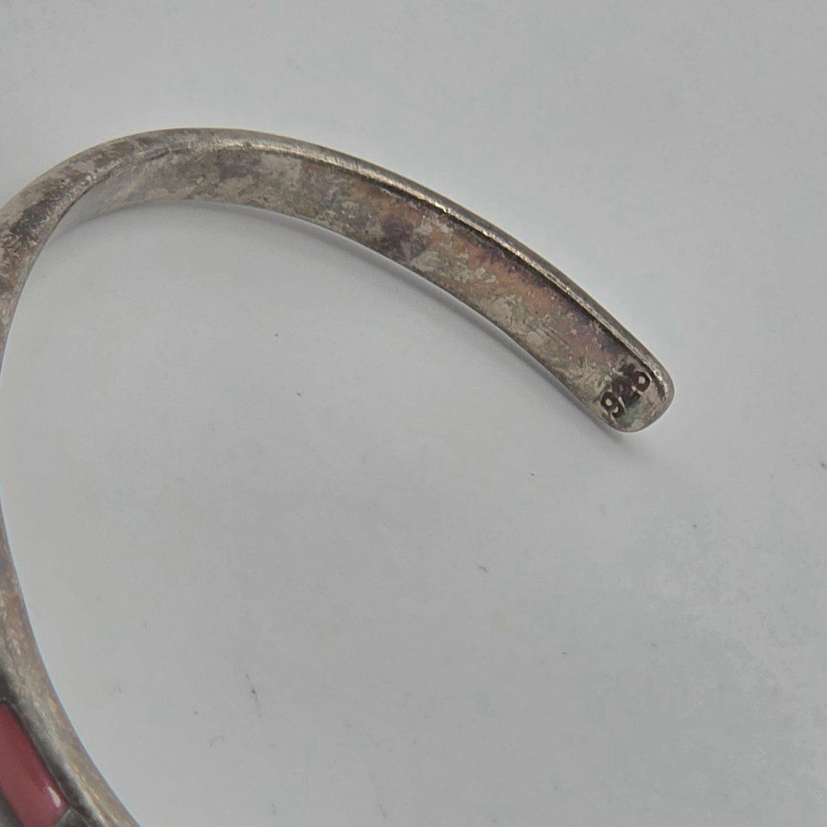 925 Sterling Silver Red Coral Inlay Cuff Bracelet 7" 12.23g Southwestern 4.5mm