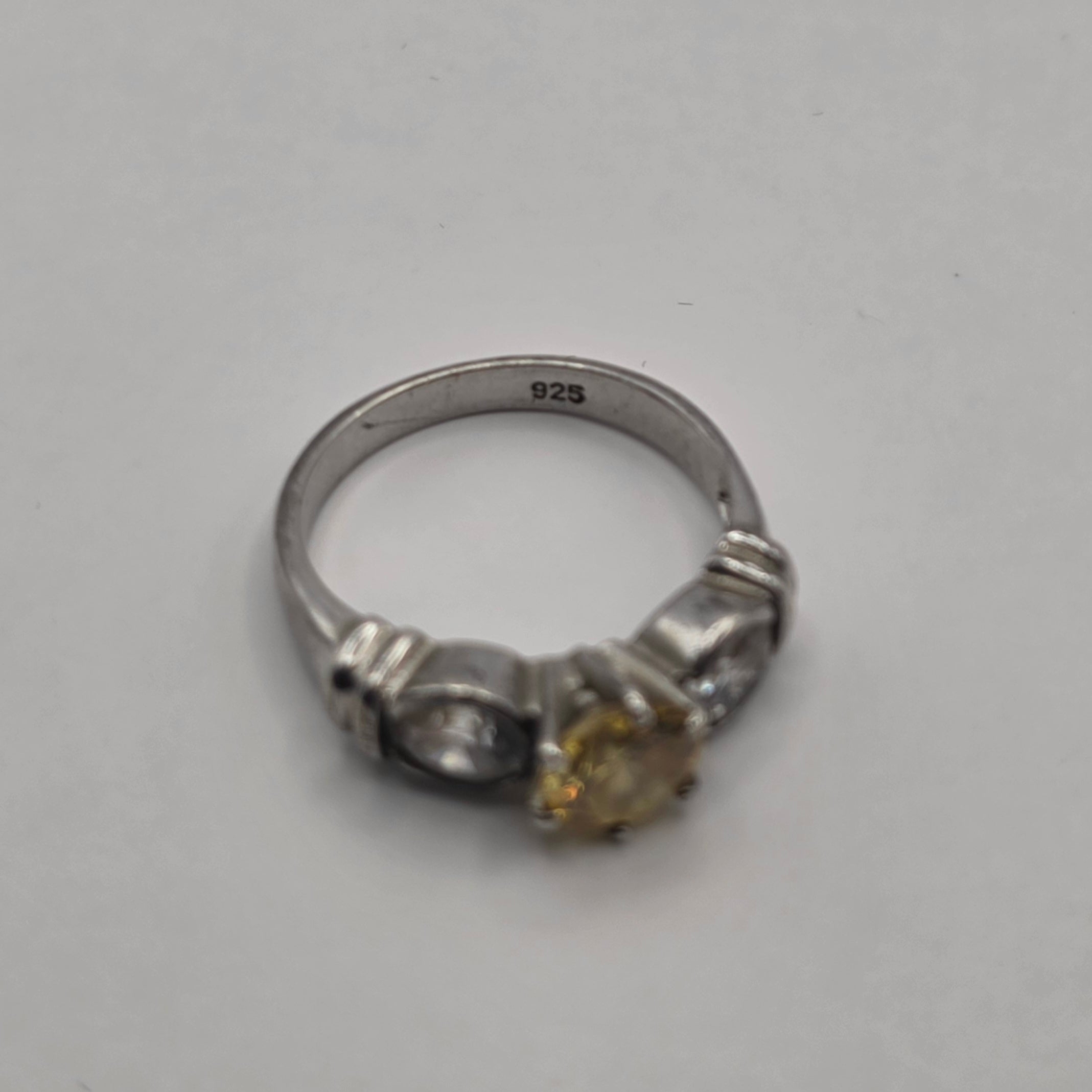 925 Sterling Silver Canary Yellow CZ Three Stone Trilogy Ring Size 9 4.62g