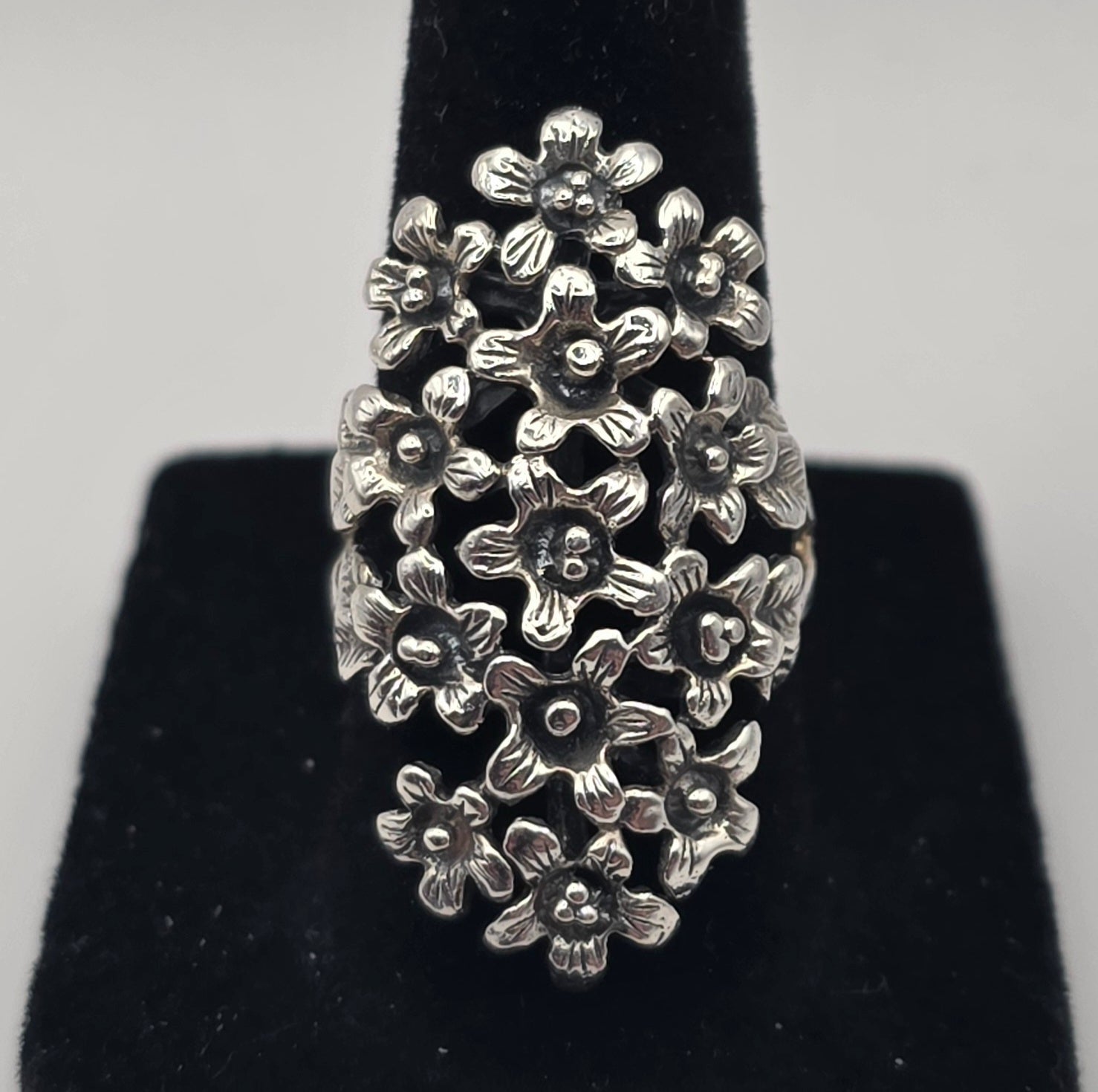 925 Sterling Silver Floral Statement Ring Openwork Flower Garden Size 7