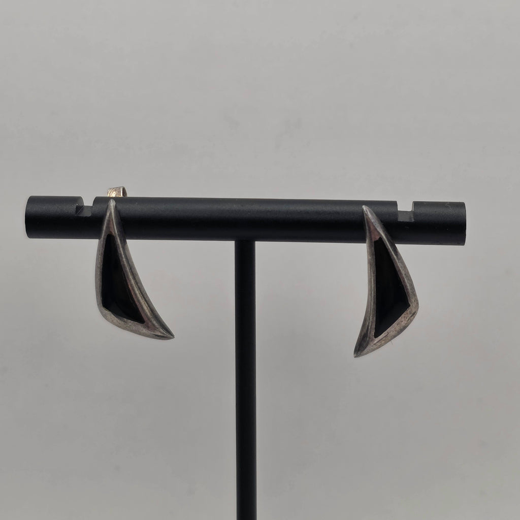 Vintage 925 Sterling Silver Onyx Fan Dangle Earrings – 6.90g