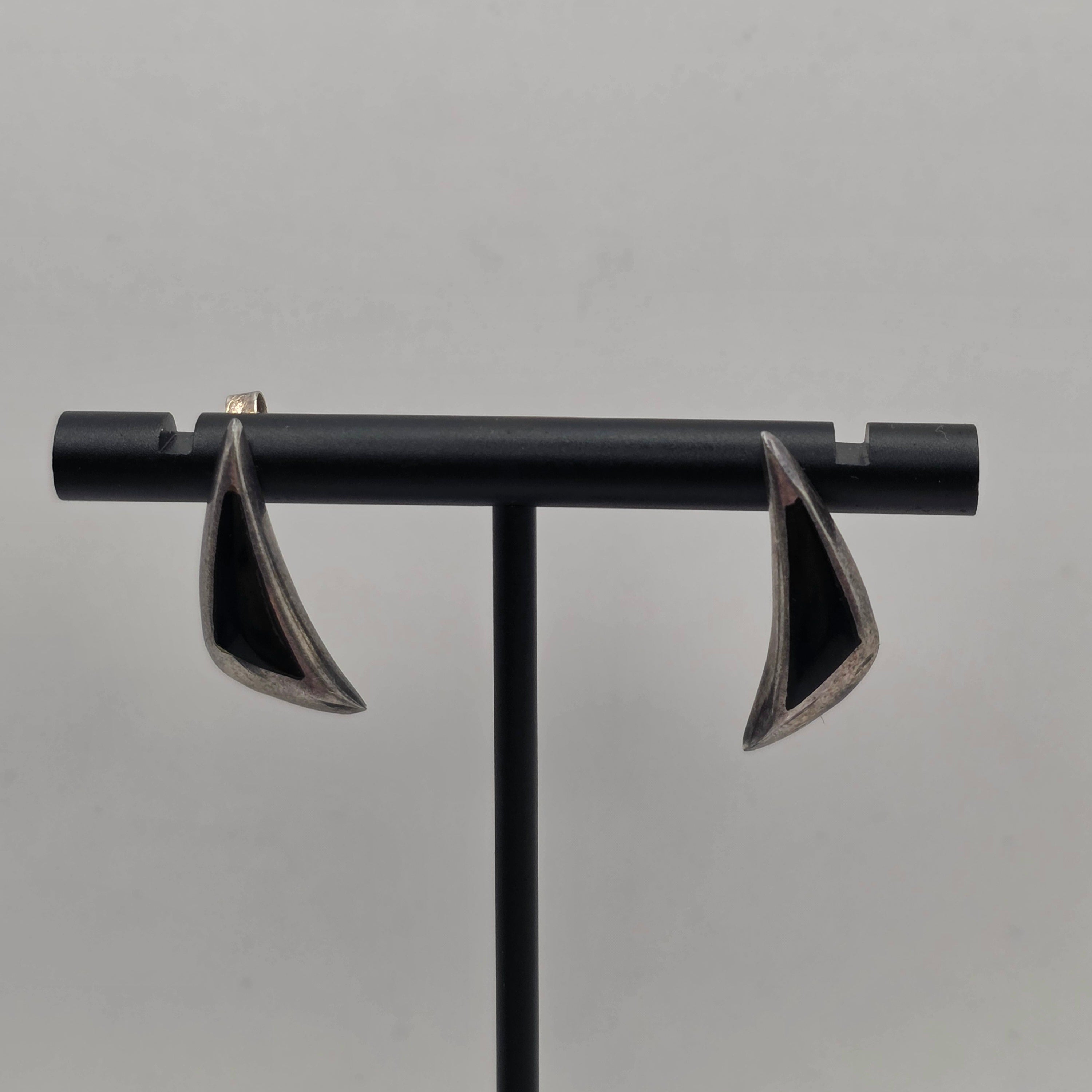 Vintage 925 Sterling Silver Onyx Fan Dangle Earrings – 6.90g
