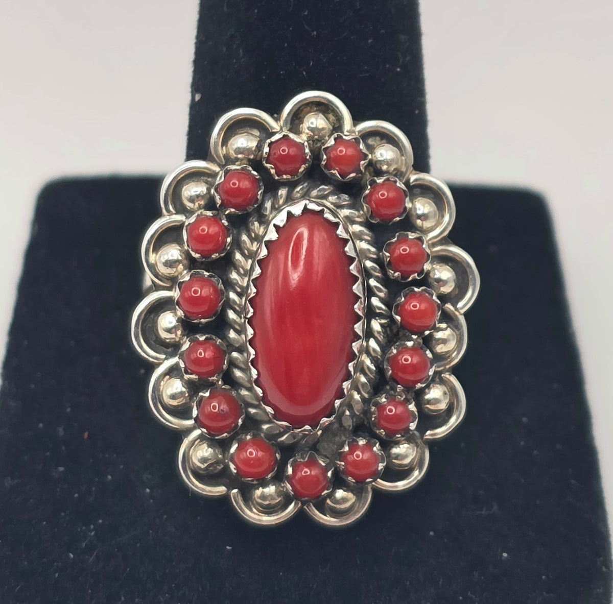 L Begay Red Coral Cluster Native 925 Sterling Silver Navajo Ring