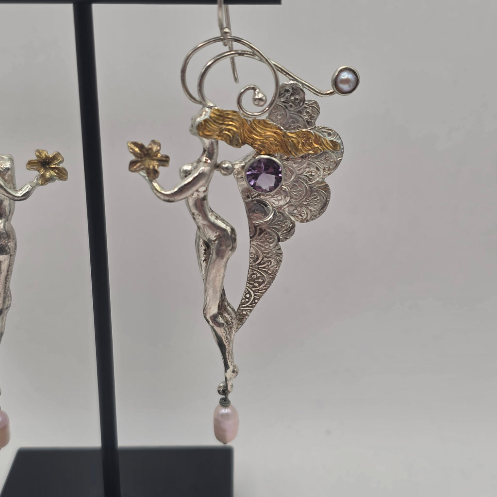 925 Sterling Silver Art Nouveau Nymph Fairy Amethyst Pearl Earrings 3.25" 20.83g