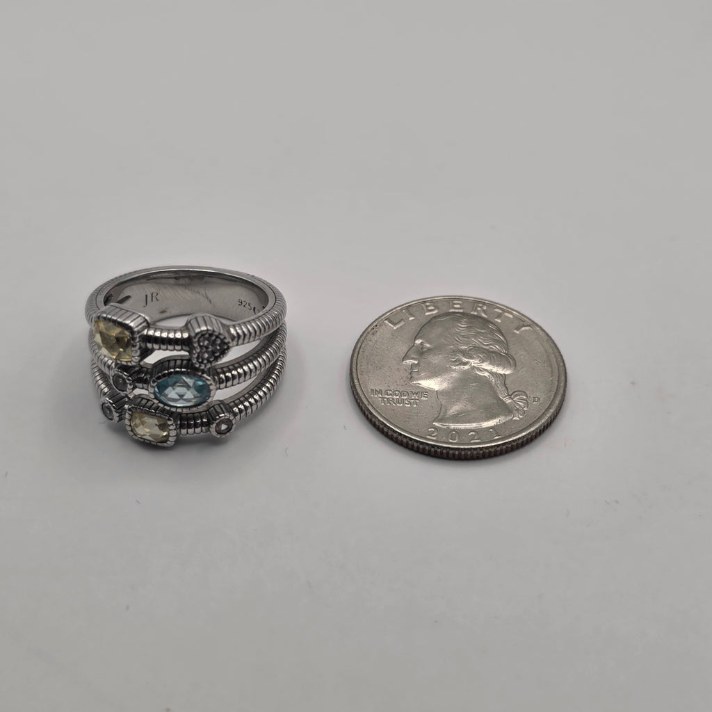 Judith Ripka Sterling Silver Sky Blue & Canary Crystal Multi-Band Ring Size 7