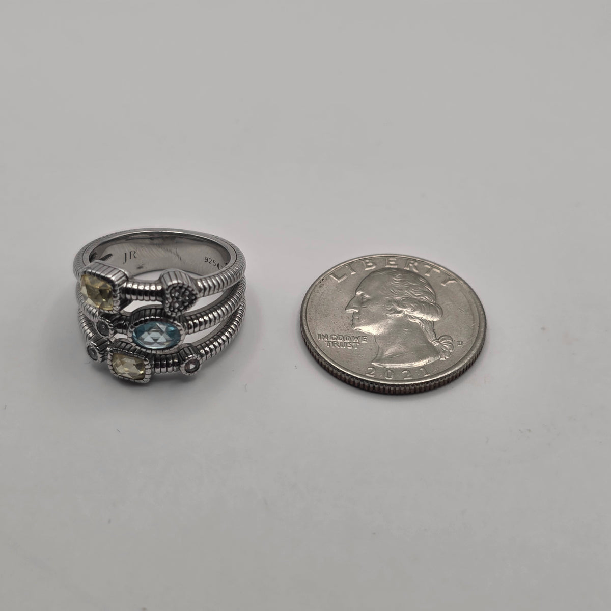 Judith Ripka Sterling Silver Sky Blue & Canary Crystal Multi-Band Ring Size 7