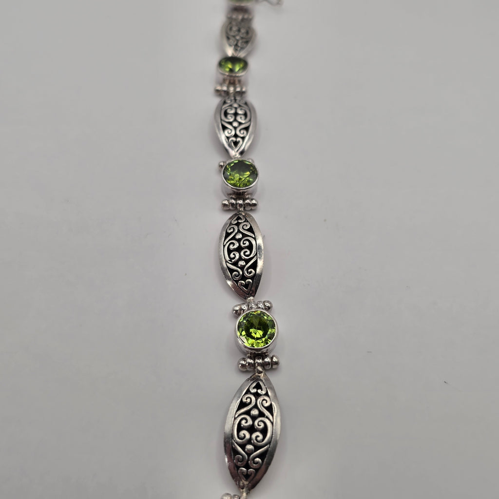 925 Sterling Silver Green Peridot Link Bracelet Scroll Filigree 7" 24.93g