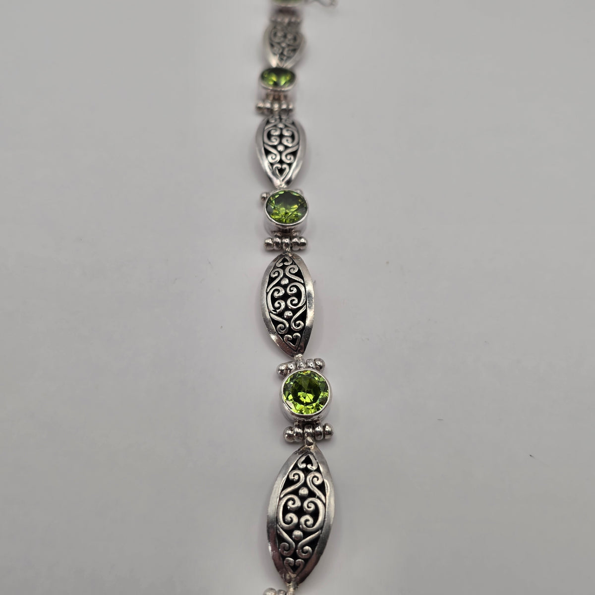 925 Sterling Silver Green Peridot Link Bracelet Scroll Filigree 7" 24.93g