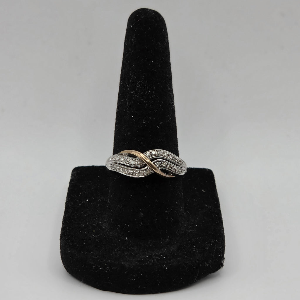 925 Sterling Silver 10K Yellow Gold Crossover Natural Diamond Ring Size 7 3.05g