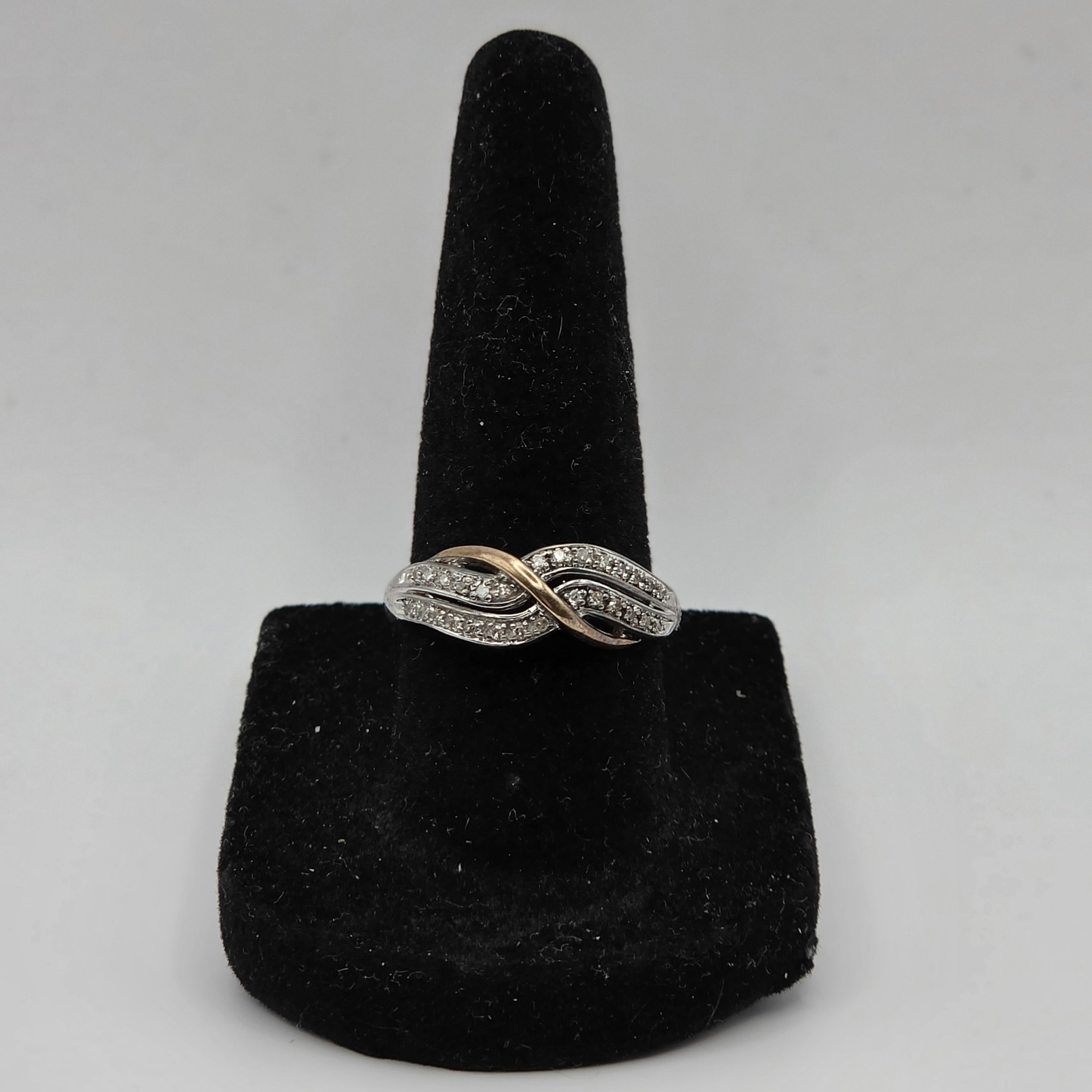 925 Sterling Silver 10K Yellow Gold Crossover Natural Diamond Ring Size 7 3.05g