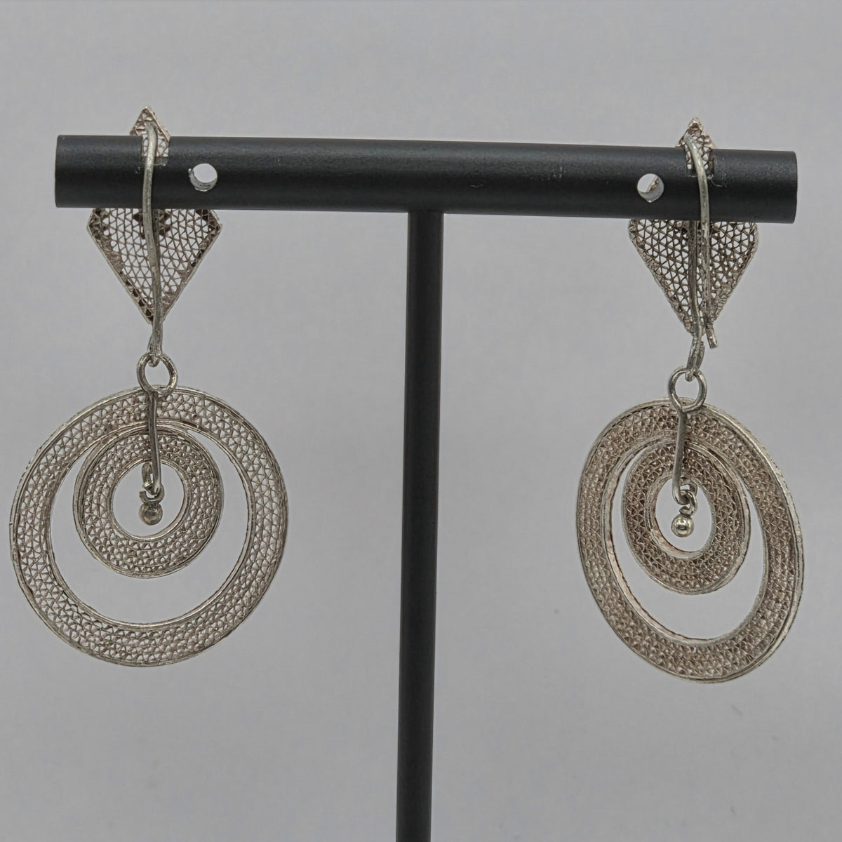 925 Sterling Silver Filigree Spiral Circle Dangle Earrings 45mm 4.36g