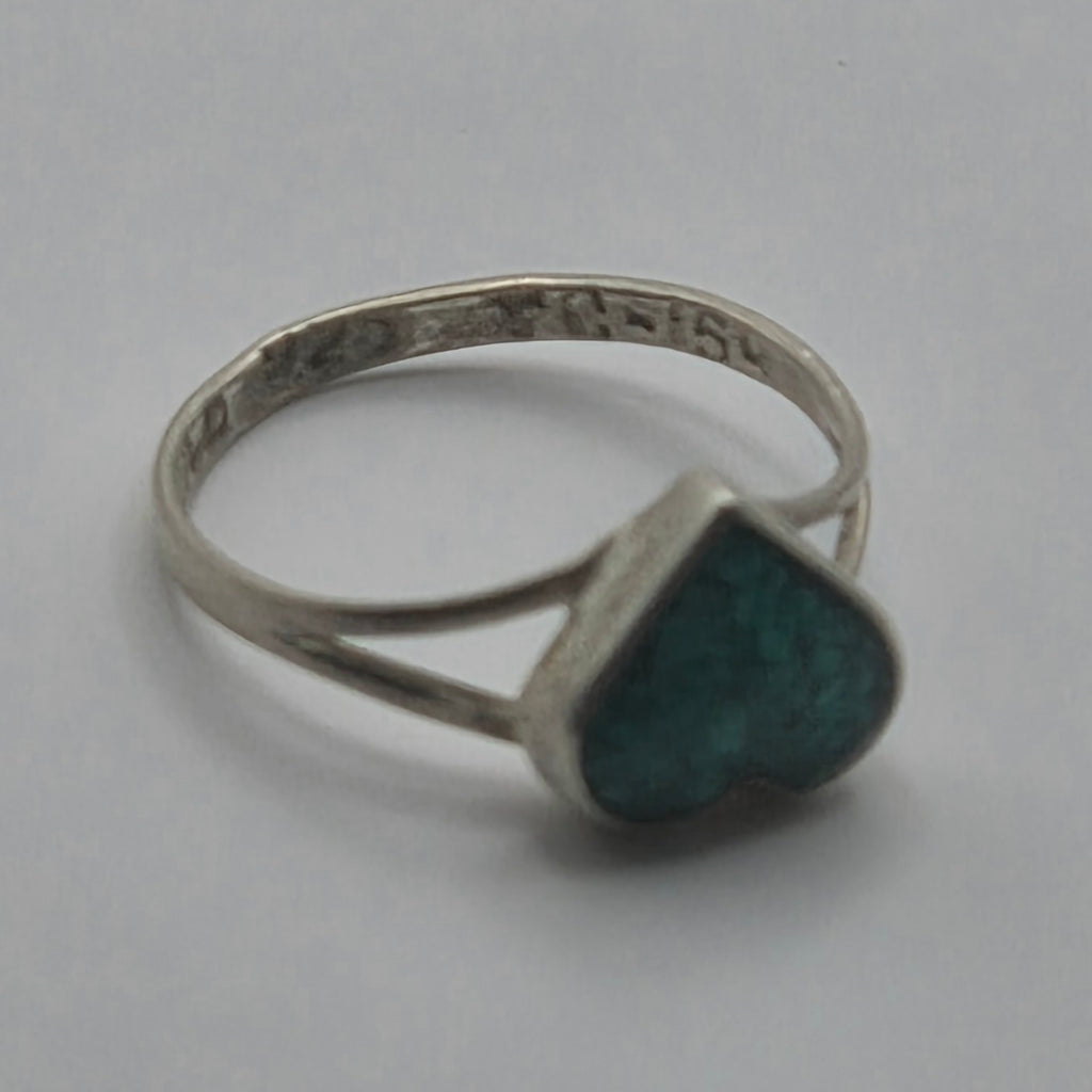 Vintage 1980s Taxco Mexico TC-154 925 Sterling Silver Malachite Heart Ring Sz 2.5