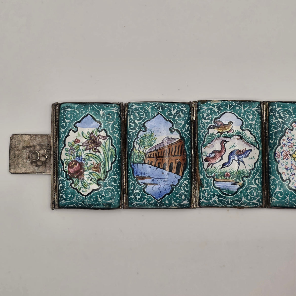Vintage Persian 925 Sterling Silver Hand Painted Enamel Story Panel Bracelet 7.5"