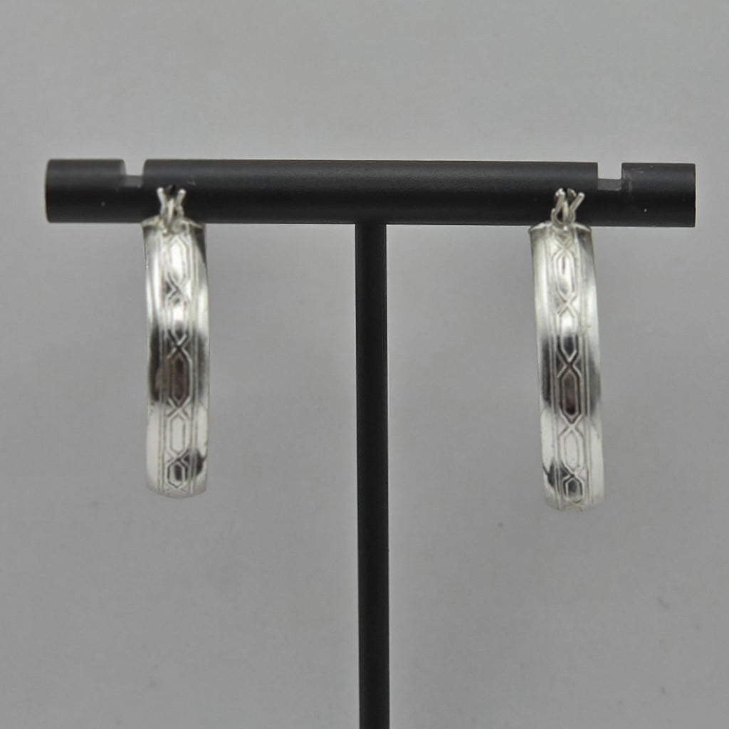 925 Sterling Silver Geometric Pattern Hoop Earrings 30mm x 5.5mm 3.71g