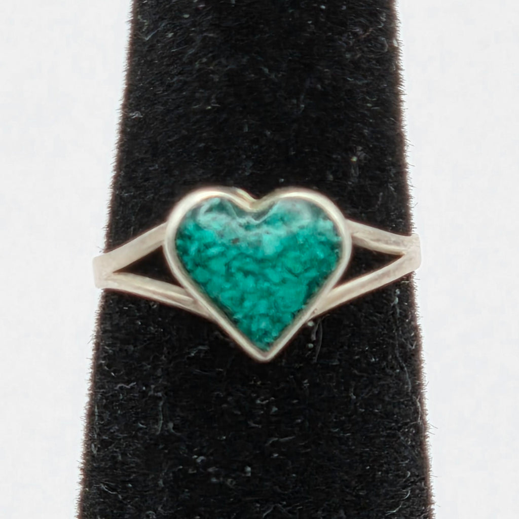 Vintage 1980s Taxco Mexico TC-154 925 Sterling Silver Malachite Heart Ring Sz 2.5