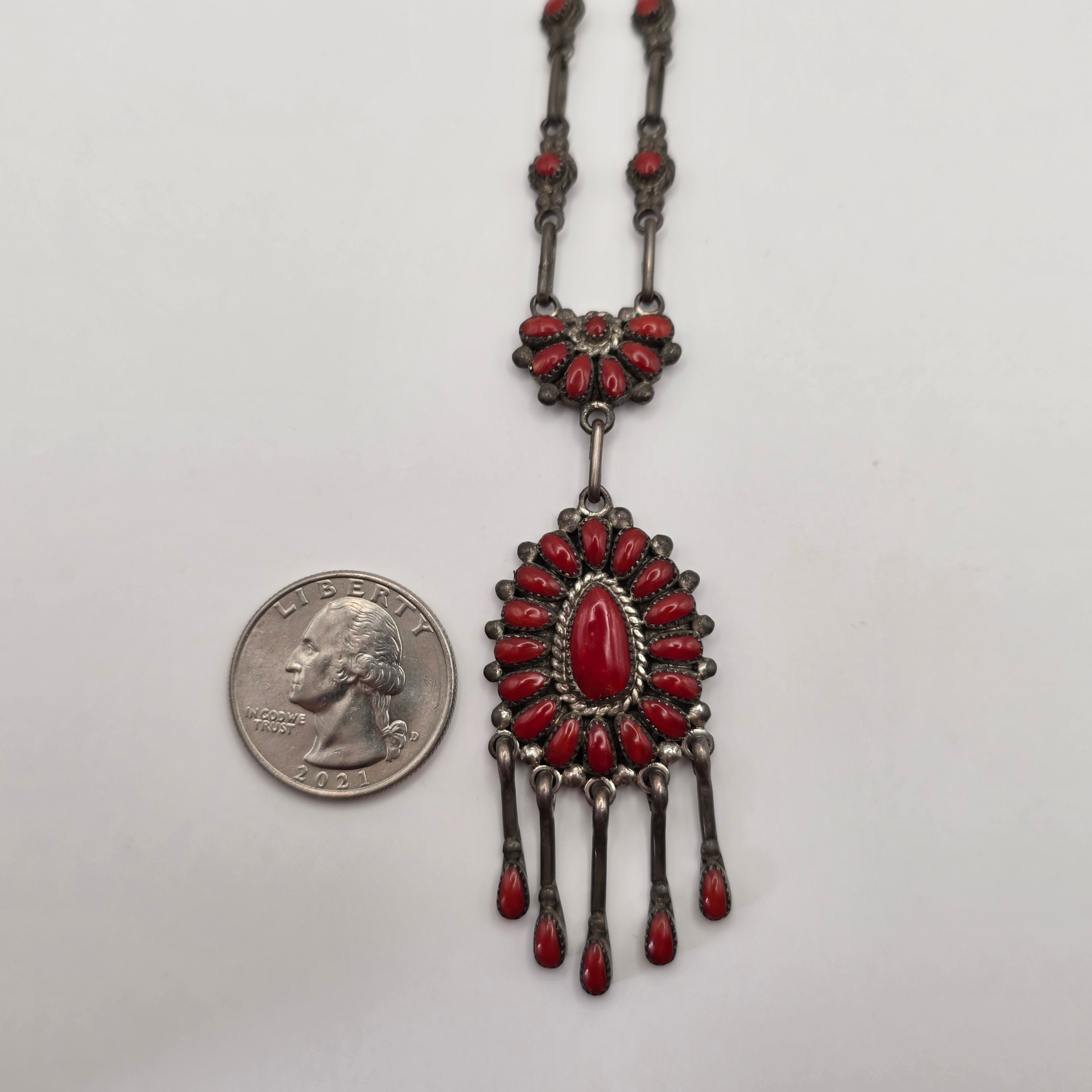 Lorraine Waatsa Zuni 925 Sterling Silver Red Coral Petit Point Necklace 17.70g