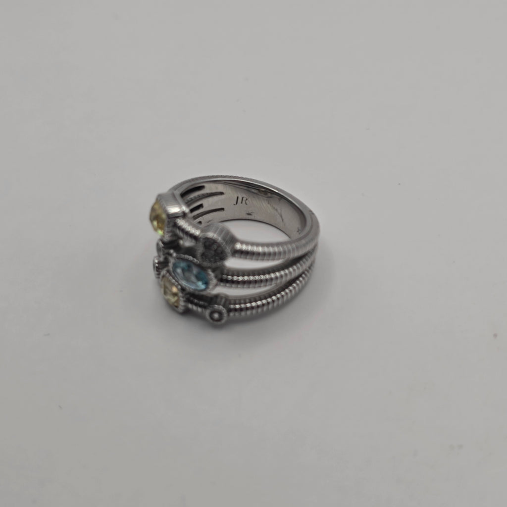 Judith Ripka Sterling Silver Sky Blue & Canary Crystal Multi-Band Ring Size 7