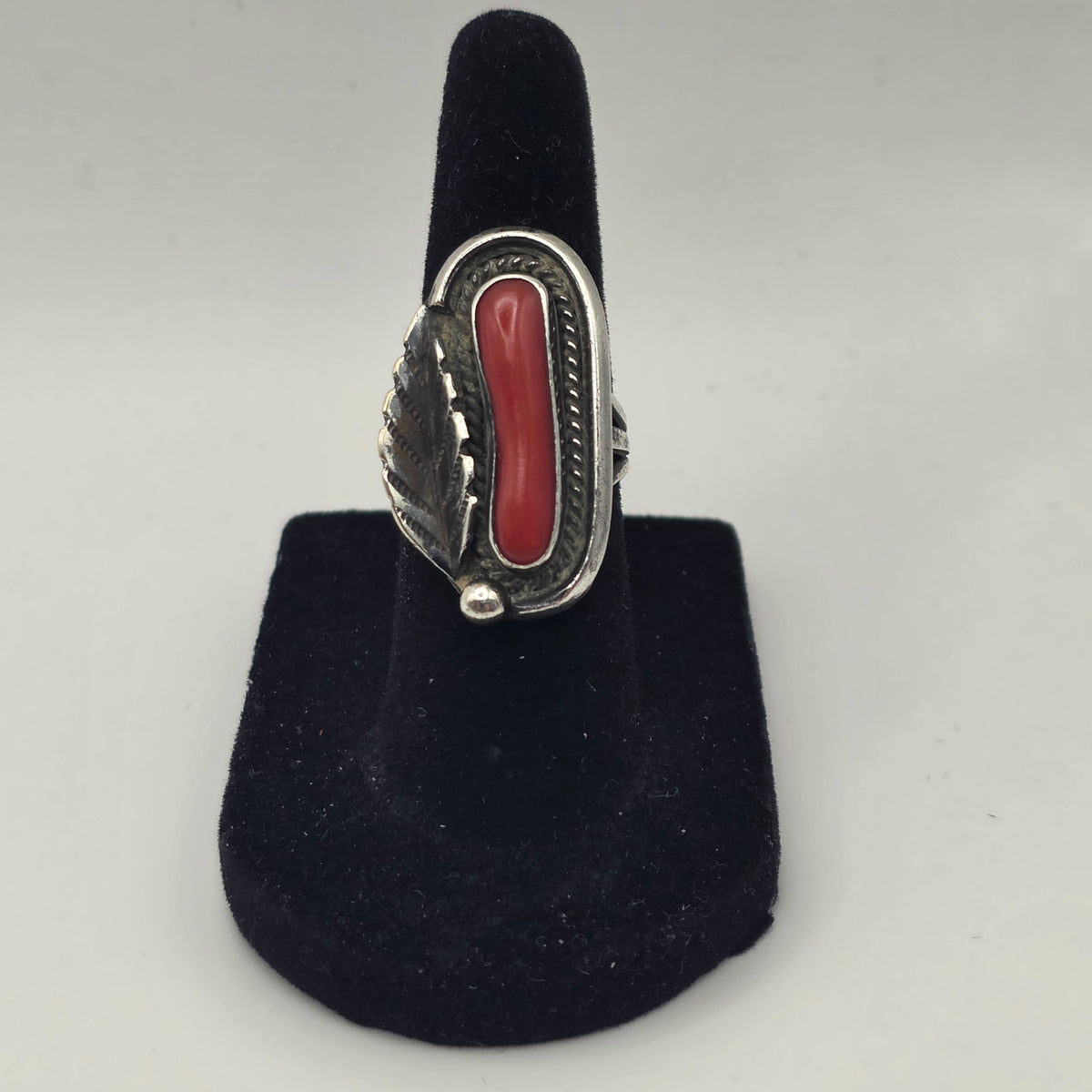 Red Coral Navajo Feather Sterling Silver Ring Size 5